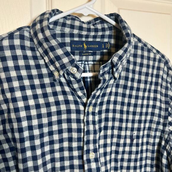 Ralph Lauren Soft Cotton Navy Gingham Long Sleeve Button Down Shirt Large Preppy - Picture 3 of 8